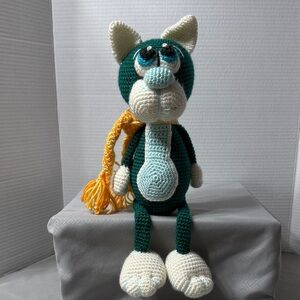 Crocheted Green Cat Stuffed Animal Handcrafted Wearing Scarf Toy Lovey Plush